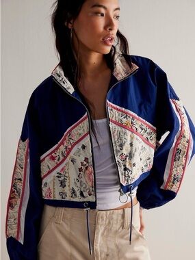 We The Free Navy Floral-Panel Cropped Bomber Jacket